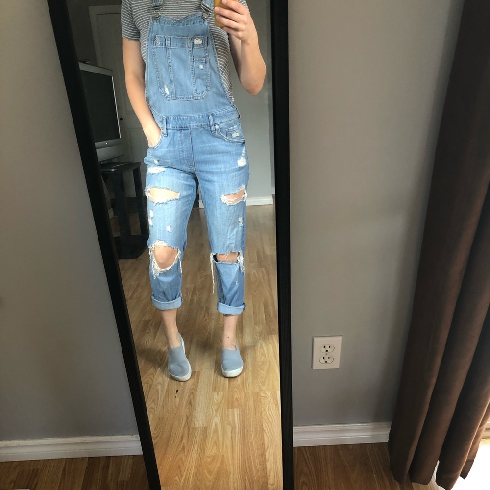 Denim overalls.
